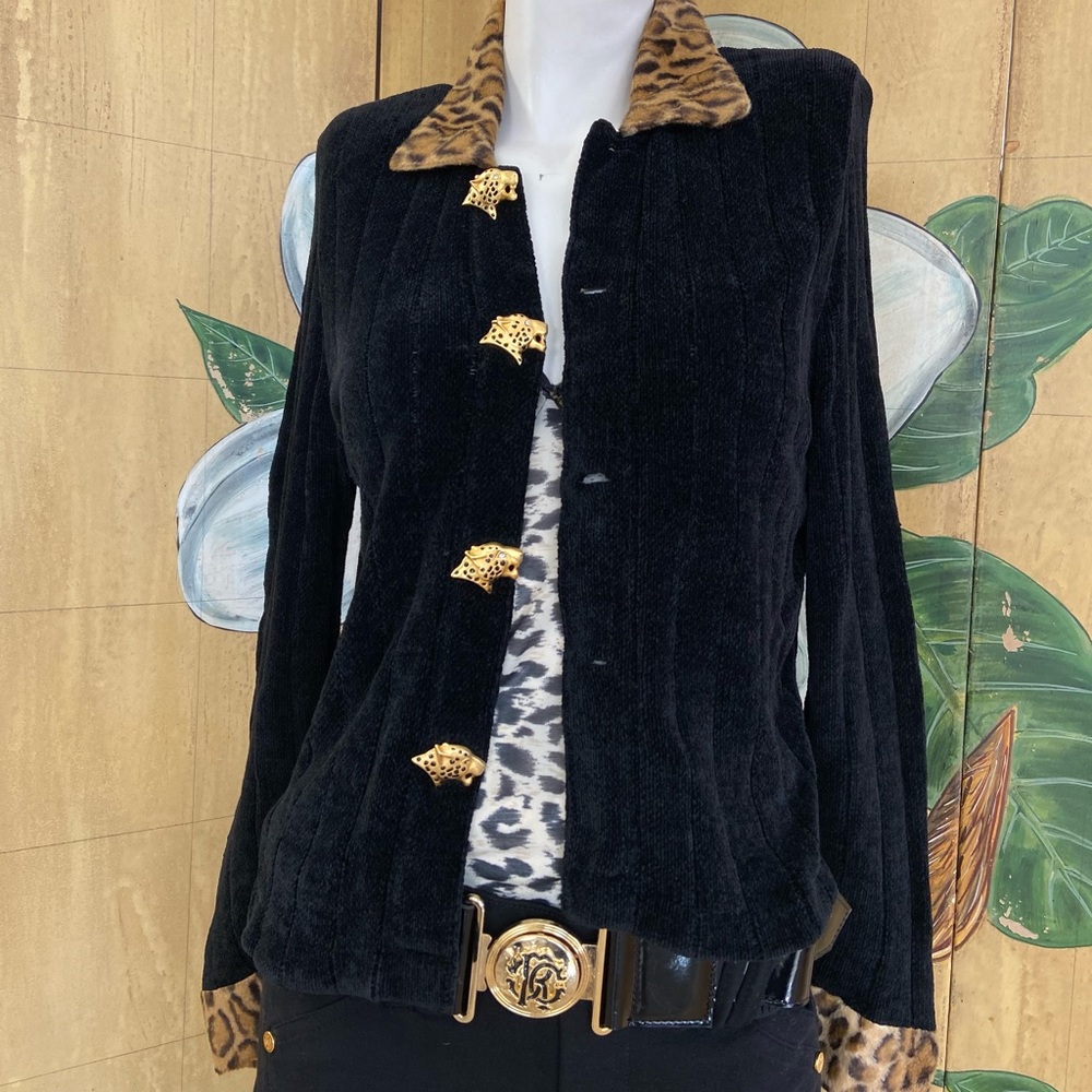 Vintage Carole Wang 1990’s chenille sweater animal print collar cheetah buttons